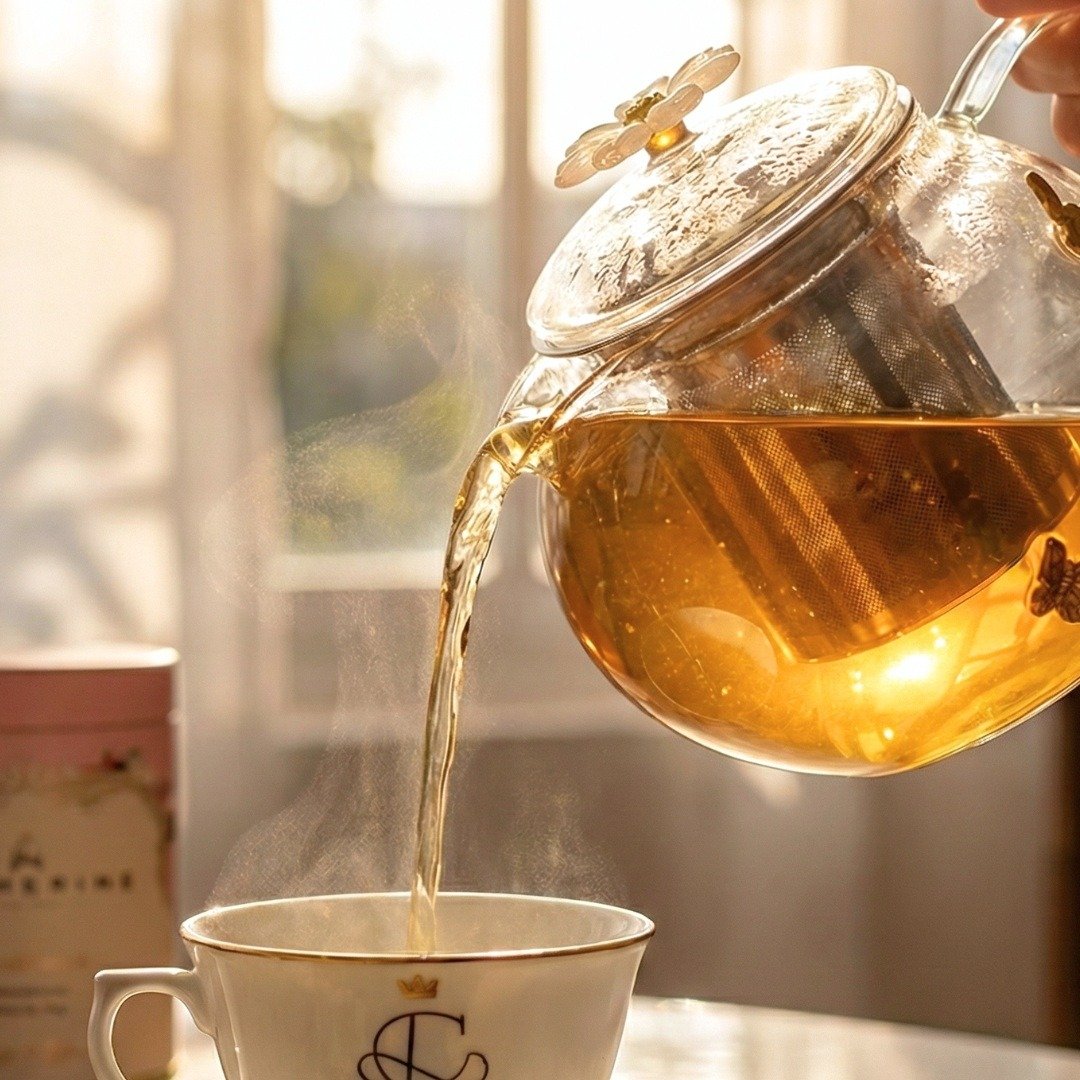 Chaleira de Vidro com infusor Sun Garden, servindo infusão Golden Hour da Catherine Fine Teas