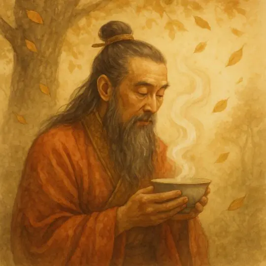 A origem do chá Shennong observa folhas de erva caindo.