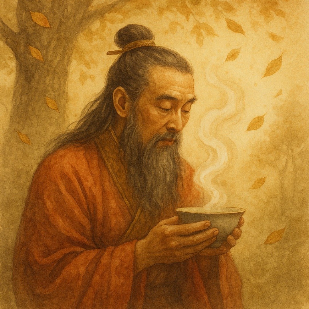 A origem do chá Shennong observa folhas de erva caindo.