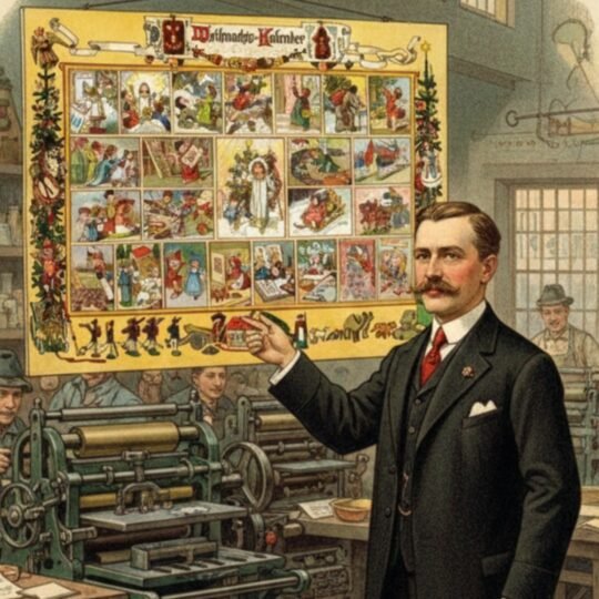 Gerhard Lang e o primeiro calendário do Advento Im Lande des Christkinds. ilustrações coloridas de anjos, crianças e cenas natalinas tradicionais da Alemanha.