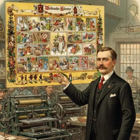 Gerhard Lang e o primeiro calendário do Advento Im Lande des Christkinds. ilustrações coloridas de anjos, crianças e cenas natalinas tradicionais da Alemanha.