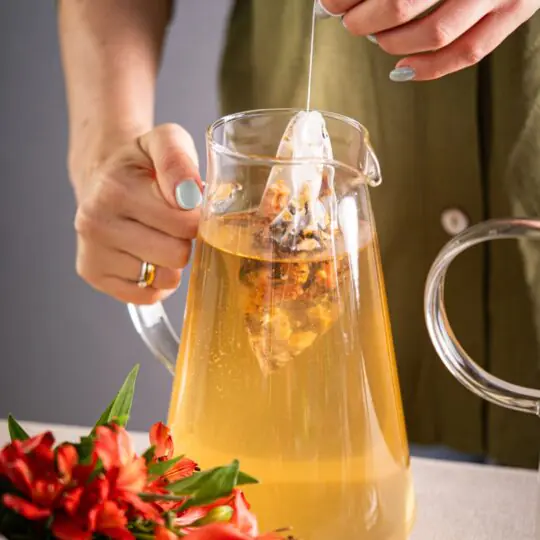 Detalhe do sachê artesanal de 14g da Catherine Fine Teas sendo imerso em jarra de vidro. O sachê contém ingredientes inteiros (frutas e folhas) que se expandem na água, ideal para preparar 1 litro de chá gelado.