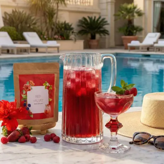 Luz dura de sol de verão (estilo poolside). Uma Jarra de Vidro Baccarat Harmonie e taça1841 Coupe Harcourt Vermelha contendo o Iced Tea Red Velvet da Catherine Fine Teas. Ao lado, óculos de sol e o chapéu Biarritz Emily-London, sugerindo proteção e cuidado sob o sol.