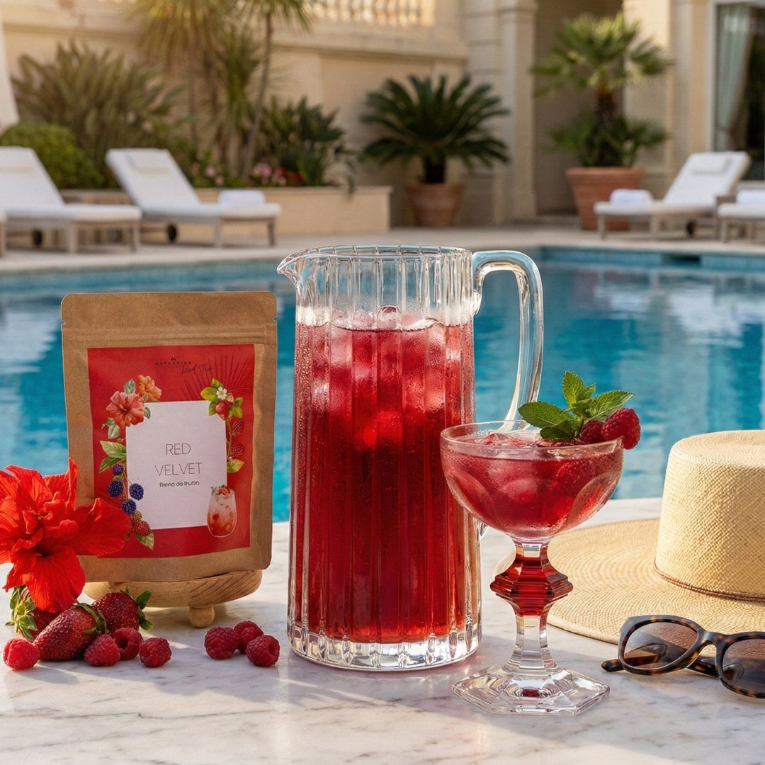 Luz dura de sol de verão (estilo poolside). Uma Jarra de Vidro Baccarat Harmonie e taça1841 Coupe Harcourt Vermelha contendo o Iced Tea Red Velvet da Catherine Fine Teas. Ao lado, óculos de sol e o chapéu Biarritz Emily-London, sugerindo proteção e cuidado sob o sol.