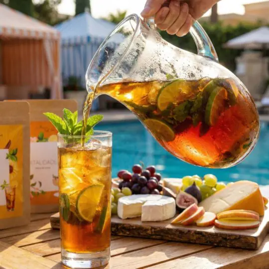 Servindo Iced Tea Black Mojito Catherine Fine Teas em copo com gelo para um brunch de verão
