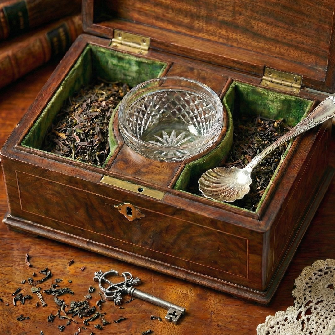 Interior de um Tea Caddy vitoriano com compartimentos para chá e tigela de açúcar, símbolo da história do chá e chave com monograma Catherine Fine Teas