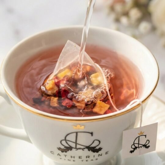 Agua quente sendo servida sobre infusão de frutas vermelhas e hibisco Compota de Frutas, em sachê piramidal Catherine Fine Teas em xicara de porcelana, demonstrando o preparo correto sem queimar as folhas.