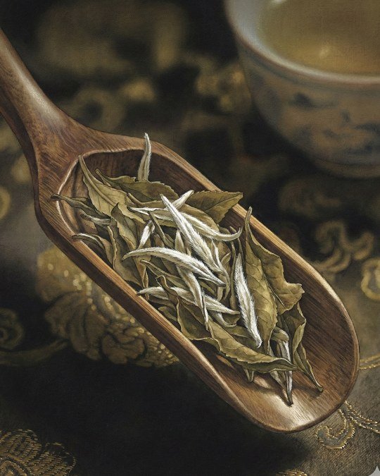 Close-up das folhas secas do chá Pai Mu Tan (Peônia Branca) da Catherine Fine Teas, mostrando a mistura de brotos prateados e folhas inteiras de alta qualidade.