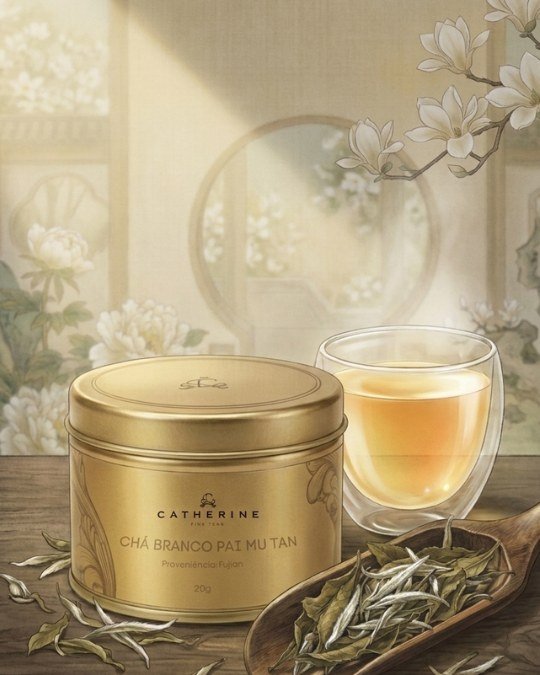 Composição elegante com a lata da Catherine Fine Teas e uma xícara de chá branco servida, convidando para a experiência de compra e degustação.