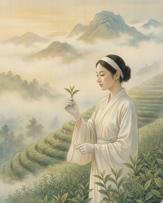 Ilustração artística estilo pintura chinesa mostrando uma virgem em trajes de seda colhendo chá branco nas montanhas nebulosas de Fujian ao amanhecer, representando a lenda da colheita imperial.