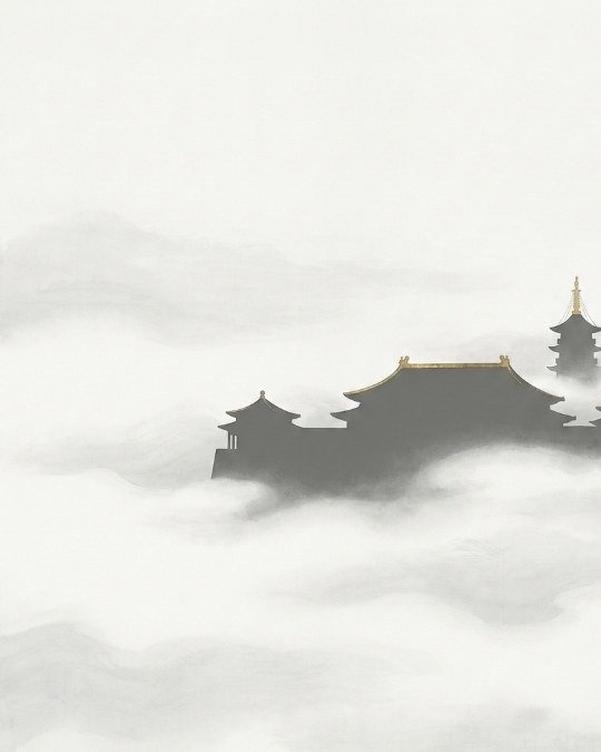 Silhueta artística de um templo da Dinastia Song envolto em neblina branca, simbolizando a origem histórica e sagrada do chá branco imperial.