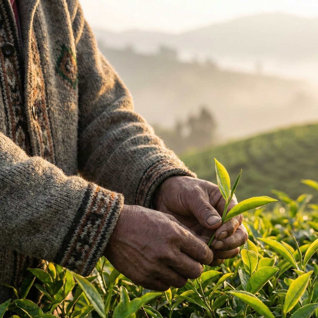 Colheita manual de chá (two leaves and a bud), em um Tea Estate de Darjeeling, garantindo a qualidade de folha inteira essencial para um ritual de chá premium.