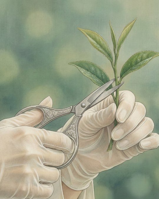 Fotografia macro de mãos vestindo luvas de seda branca segurando uma tesoura de ouro, demonstrando o cuidado extremo e a pureza no ritual de colheita do chá branco.