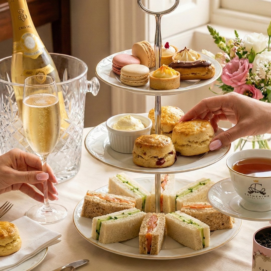 Mãos femininas delicadas interagindo em uma mesa de chá completa. Foco em uma bailarina de três andares com finger sandwiches e scones, ao lado de um balde de prata com champanhe, chá Earl Grey Blue Flower Catherine Fine Teas. ilustrando a convivência harmoniosa entre o chá e o espumante.