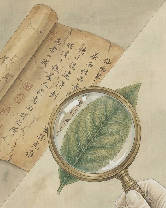 Imagem conceitual mostrando uma lupa ampliando uma folha de chá branco, simbolizando a descoberta da ciência e botânica por trás das lendas antigas.