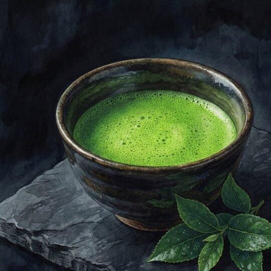 Tigela de Matcha cerimonial com espuma verde vibrante sobre pedra escura, representando o sabor Umami.