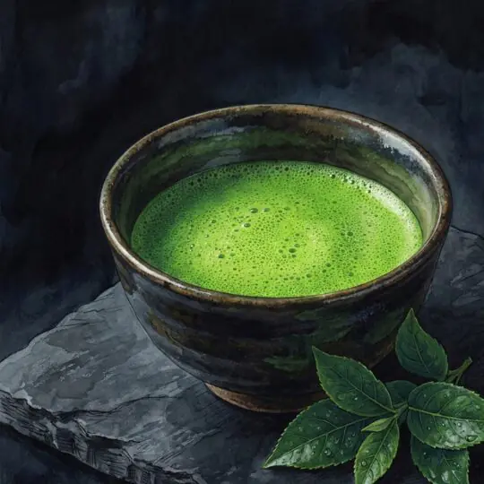 Tigela de Matcha cerimonial com espuma verde vibrante sobre pedra escura, representando o sabor Umami.