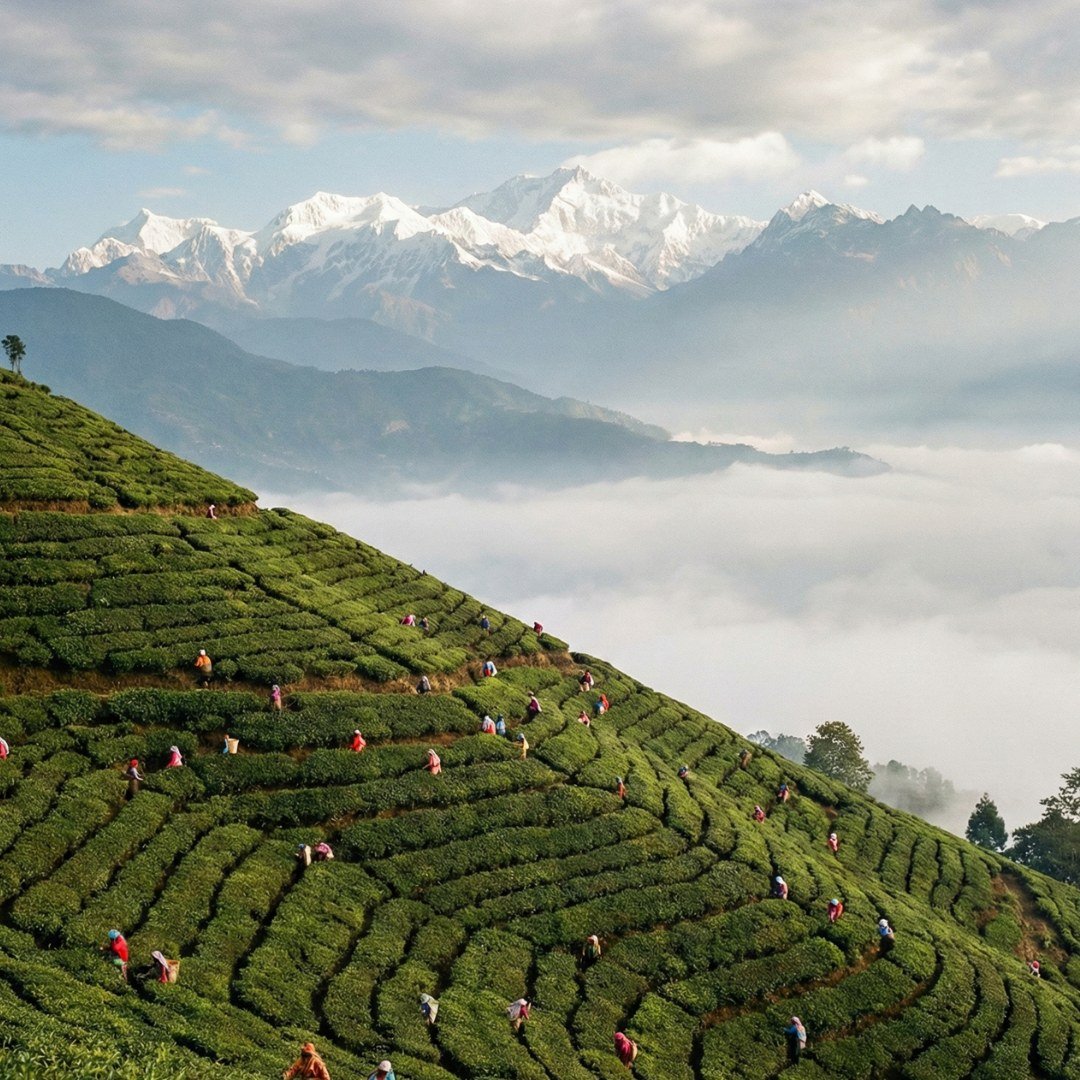 Plantação de chá Darjeeling no Himalaia com montanhas e névoa