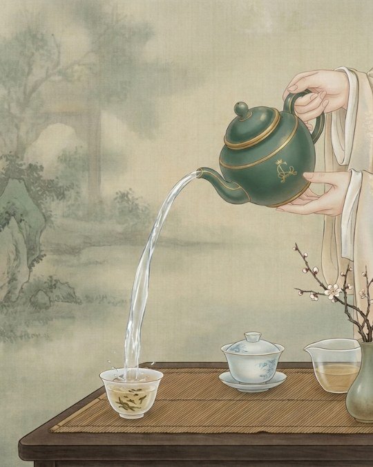 Momento do despejo da água quente sobre as folhas de chá em uma xícara de vidro, ilustrando o ritual de preparo cuidadoso com temperatura controlada.