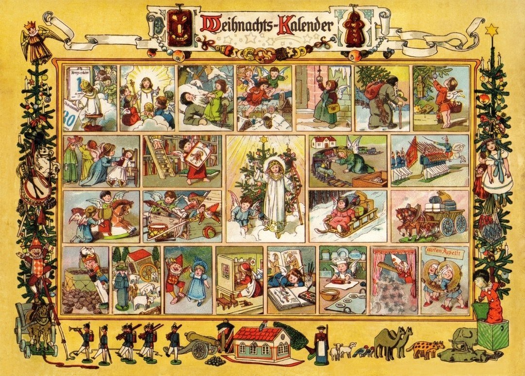 O primeiro Calendário do Advento impresso da história (1908), o 'Weihnachts-Kalender' criado por Gerhard Lang em Munique, exibindo o design completo com as ilustrações e poemas originais.