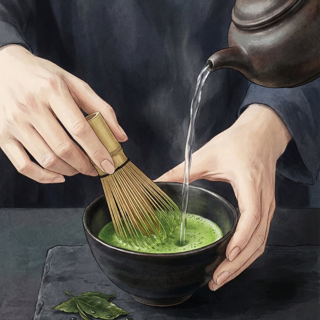 Mãos preparando Matcha cerimonial com chasen de bambu, ilustrando o ritual de atenção plena.
