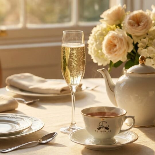Mesa posta elegante para o ritual de Royal Tea sob luz natural de fim de tarde. Em destaque, uma taça de cristal flute com champanhe borbulhante ao lado de uma xícara de porcelana clássica da Catherine Fine Teas com chá fumegante e um bule ao fundo, evocando sofisticação e aconchego,