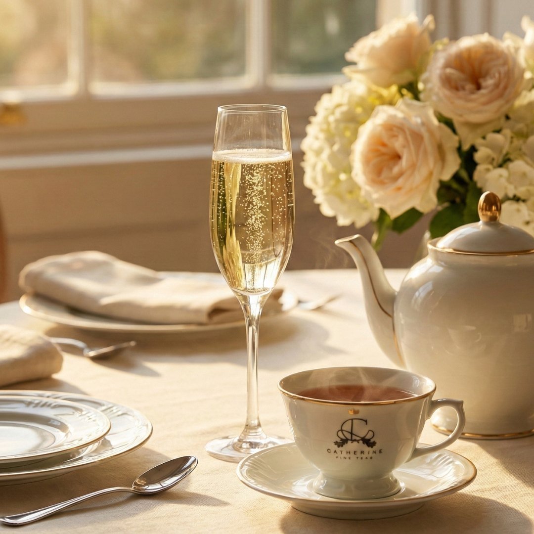 Mesa posta elegante para o ritual de Royal Tea sob luz natural de fim de tarde. Em destaque, uma taça de cristal flute com champanhe borbulhante ao lado de uma xícara de porcelana clássica da Catherine Fine Teas com chá fumegante e um bule ao fundo, evocando sofisticação e aconchego,