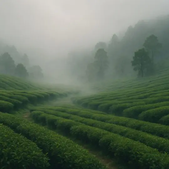 Plantação de chá com neblina ilustrando o terroir do chá e o clima de altitude)