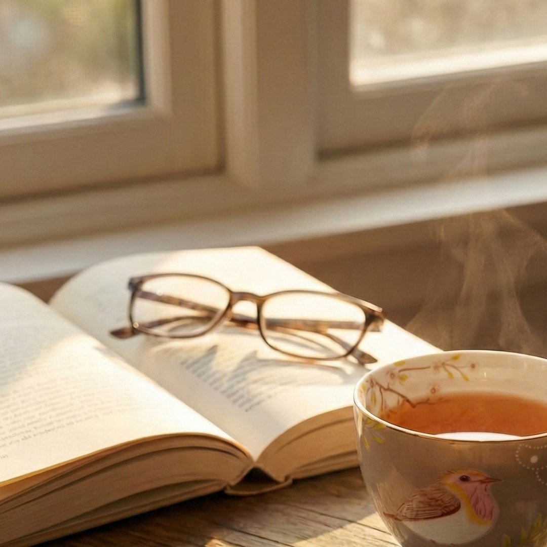 Xícara de chá servida em ambiente aconchegante convidando a uma pausa e leitura.