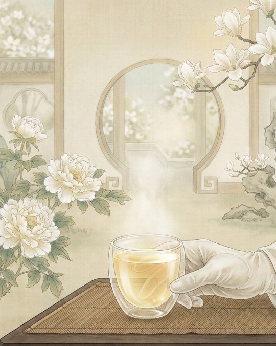 Xícara de vidro transparente contendo a infusão de chá branco de cor champanhe pálido, transmitindo leveza, sofisticação e notas florais.