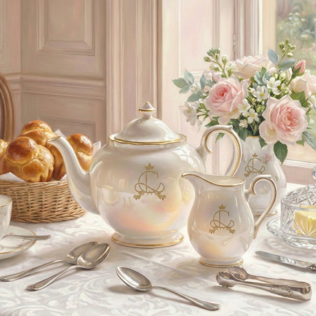 Composição de Mesa Posta de chá clássica do período vitoriano exibindo o Bule e a Leiteira de porcelana da Catherine Fine Teas