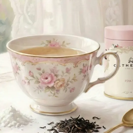 Mesa posta clássica com porcelana inglesa e folhas de chá soltas, estilo vitoriano.