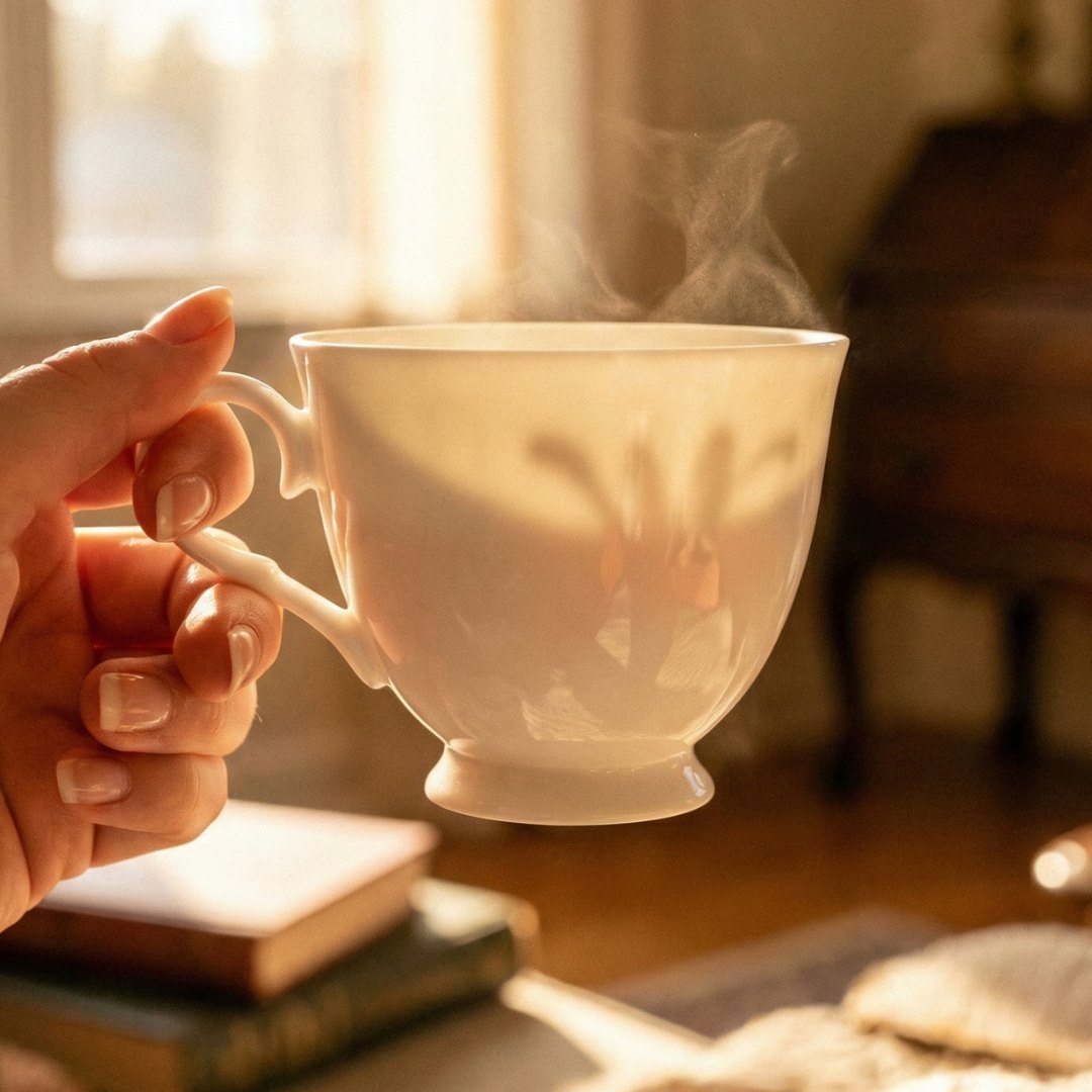 Xícara de chá em porcelana Bone China translúcida contra a luz solar revelando sua qualidade e delicadeza.