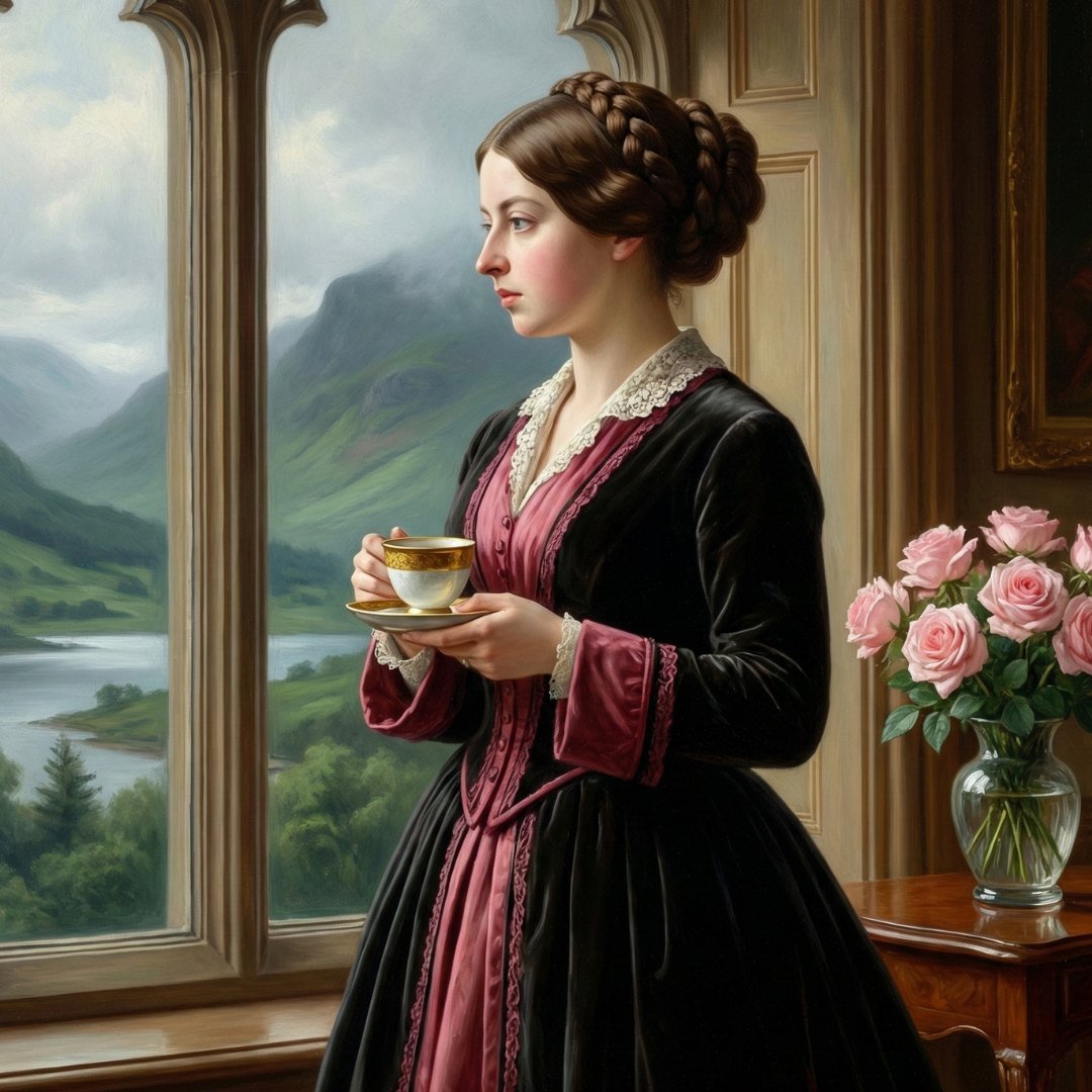 Rainha Vitória em pé próxima a uma janela do palácio, olhando para uma paisagem verde e neblinosa da Escócia, segurando uma xícara de chá quente.