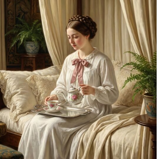 Jovem Rainha Vitória sentada na cama com lençóis de linho creme, segurando uma xícara de chá de porcelana Catherine Fine Teas com detalhes em rosa, iluminada pela luz da manhã.