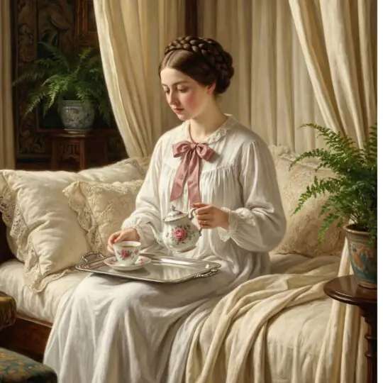 Jovem Rainha Vitória sentada na cama com lençóis de linho creme, segurando uma xícara de chá de porcelana Catherine Fine Teas com detalhes em rosa, iluminada pela luz da manhã.
