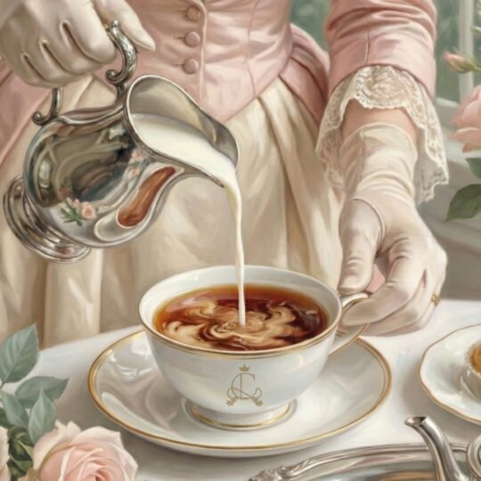 Close-up em slow motion ou estático de alta definição mostrando o leite sendo derramado em uma xícara de porcelana fina que já contém chá escuro (Earl Grey), criando aquele efeito de nuvem/mármore.