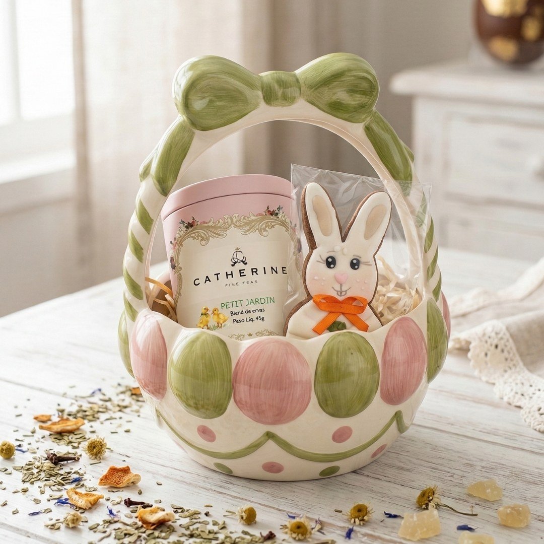 Cesta de Pascoa Ceramica Colheita Cha Petit Jardin e Biscoito com Especiarias Catherine Fine Teas