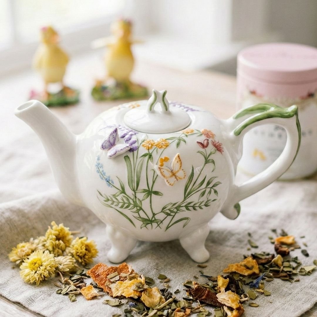 Bule em porcelana borboletas em relevo pintado à mão Petit Jardin Catherine Fine Teas