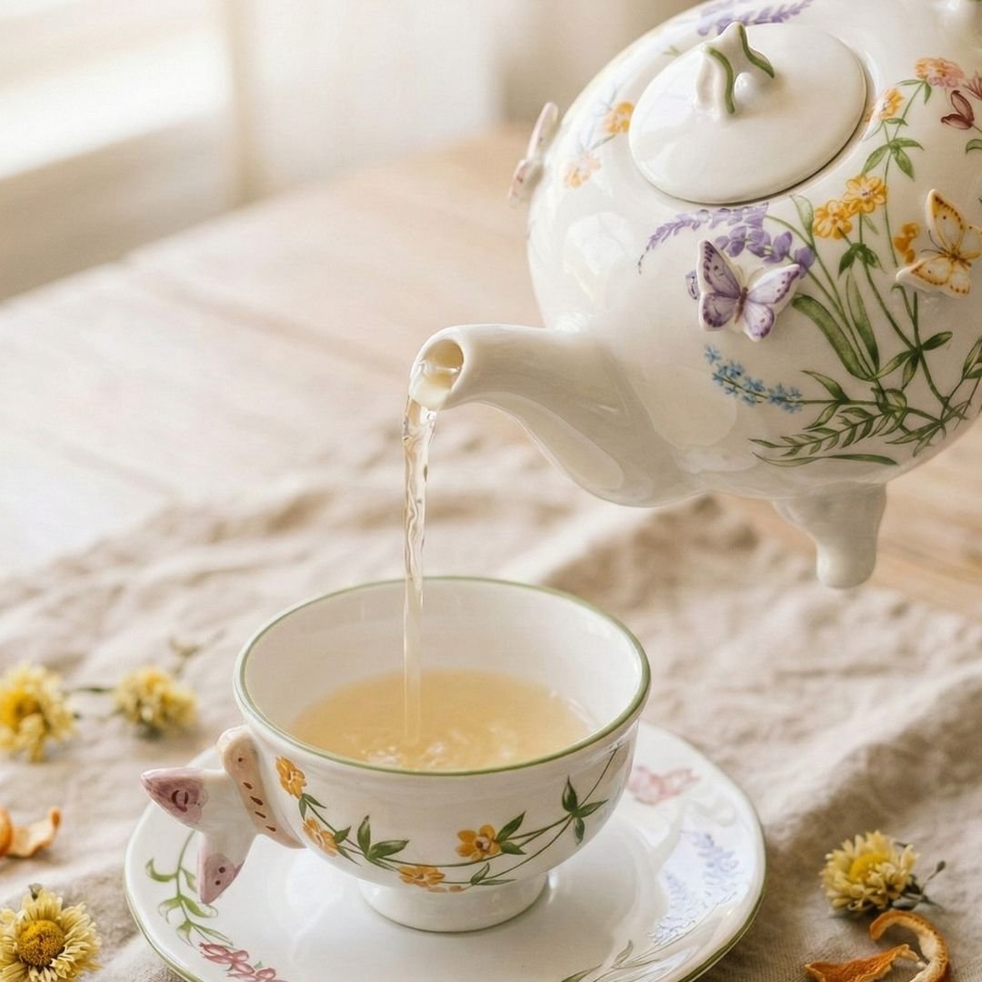 Bule em porcelana 600ml borboletas em relevo pintado à mão Petit Jardin Catherine Fine Teas