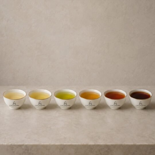 Alinhamento de seis xícaras de porcelana exibindo a variação cromática dos licores das seis famílias da planta Camellia sinensis.