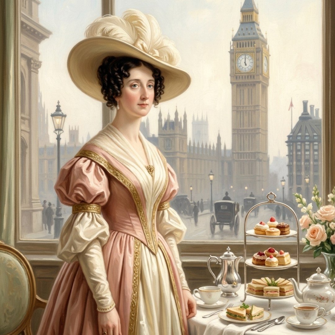 Anna Maria Russel e mesa posta tradicional afternoon tea vitoriano.