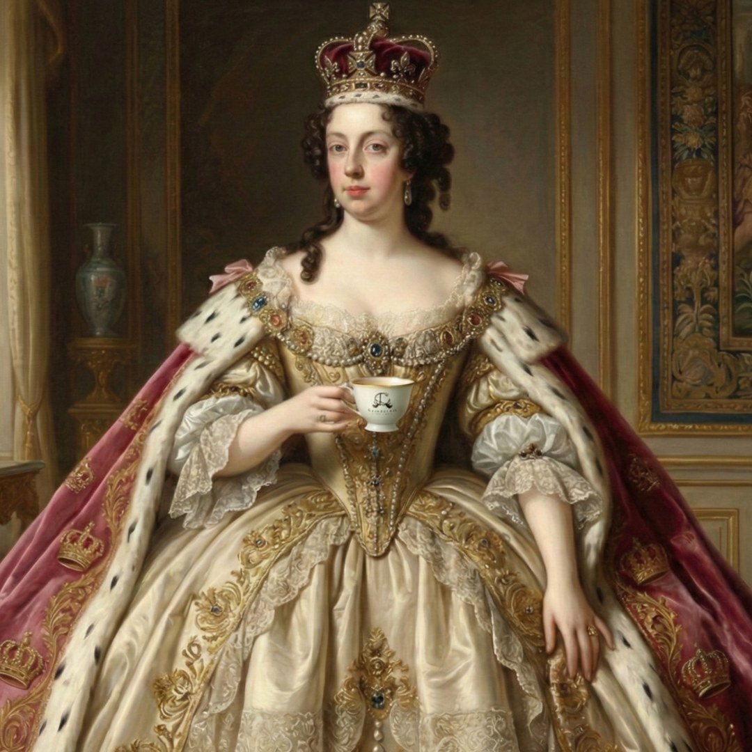Catarina de Bragança segura uma xícara de porcelana Catherine Fine Teas
