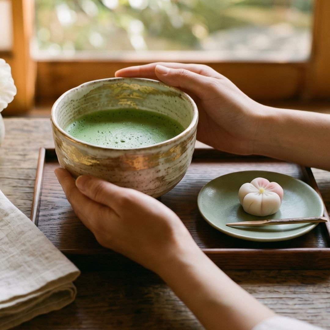 A beleza da tradição. Segurando a tigela chawan, com matcha e um doce tradicional, em harmonia com a natureza e o ambiente japonês.