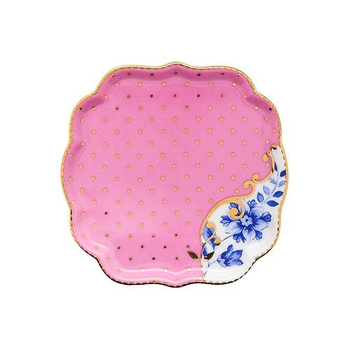 Imagem do Mini Prato de porcelana rosa com detalhes florais e bordas em fio de ouro da coleção Royal Pip Studio, refletindo o requinte da curadoria Catherine Fine Teas.